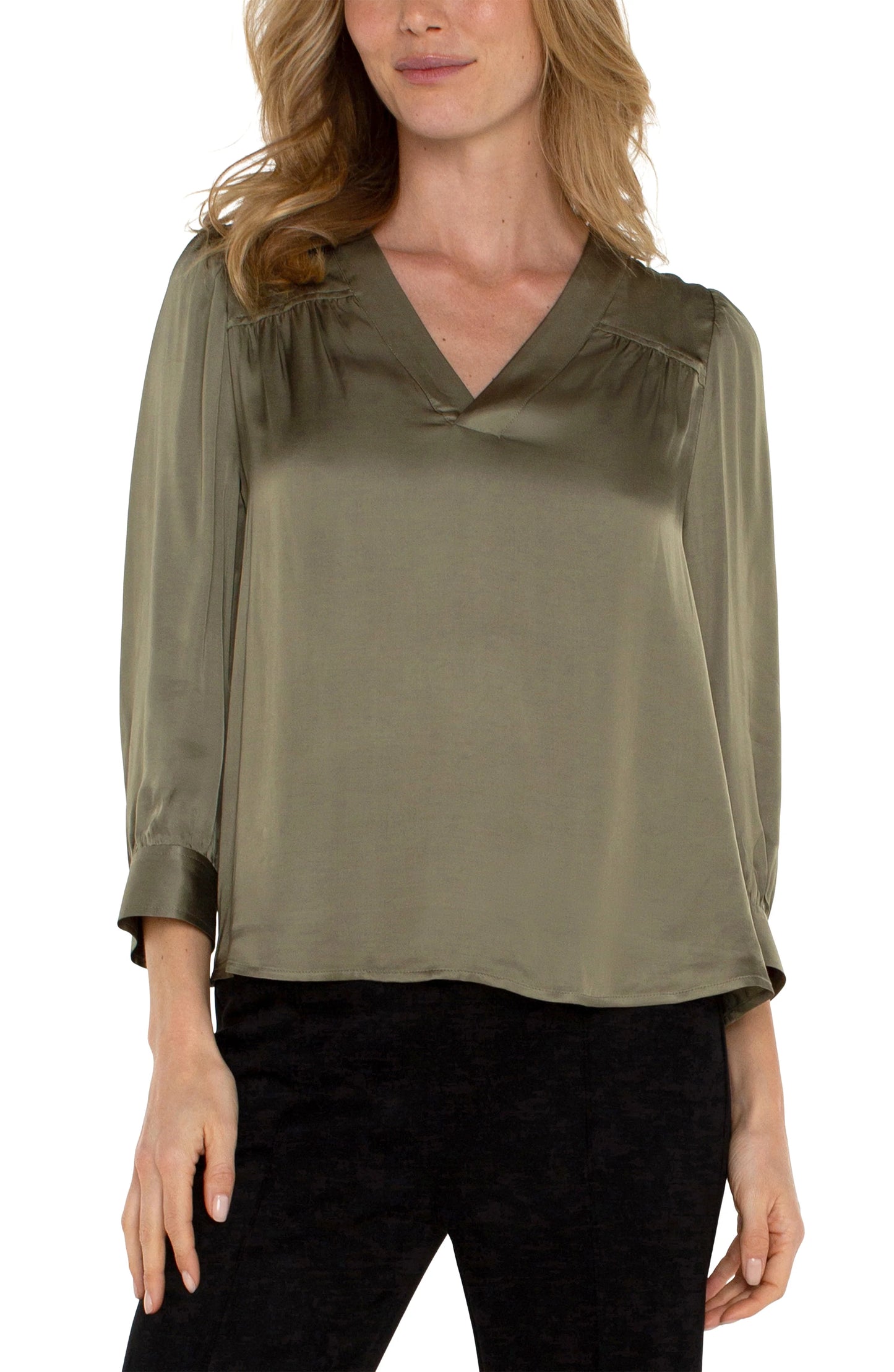 Long Sleeve Pleated Neck Blouse by Liverpool LM8B72VS1