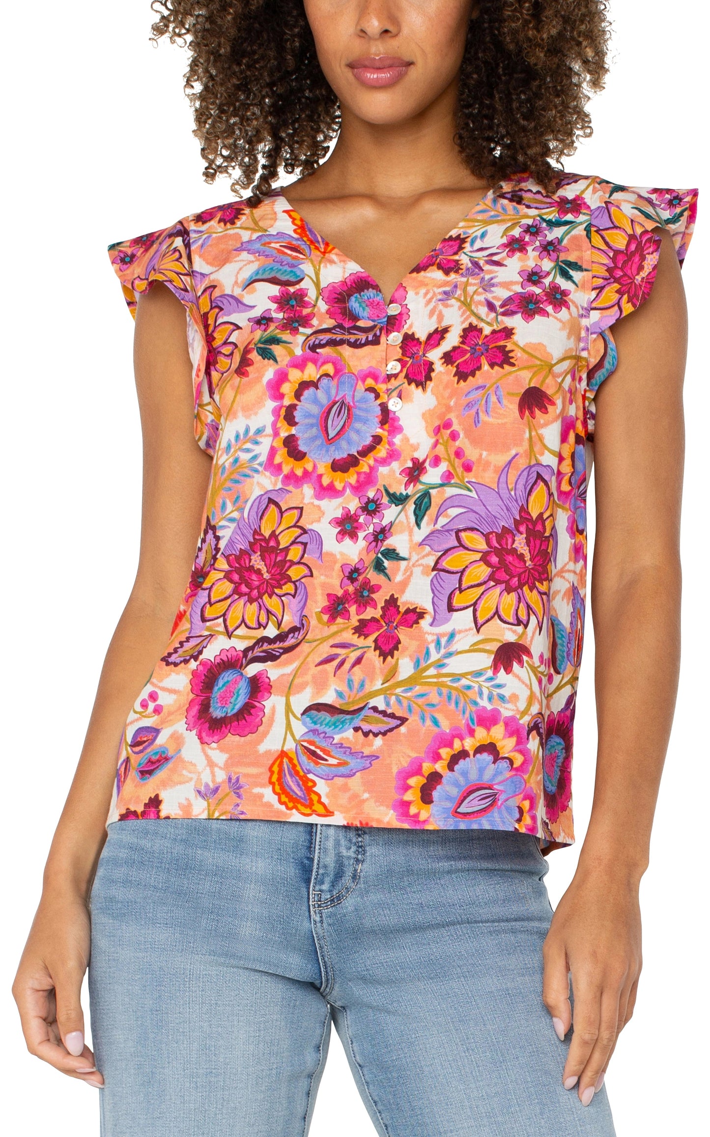 Flutter Sleeve Button Front Woven Top by Liverpool