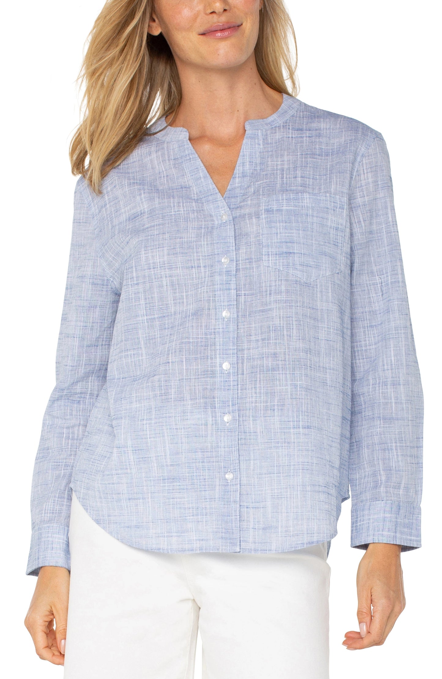 Button Front Woven Shirt With Banded Collar by Liverpool
