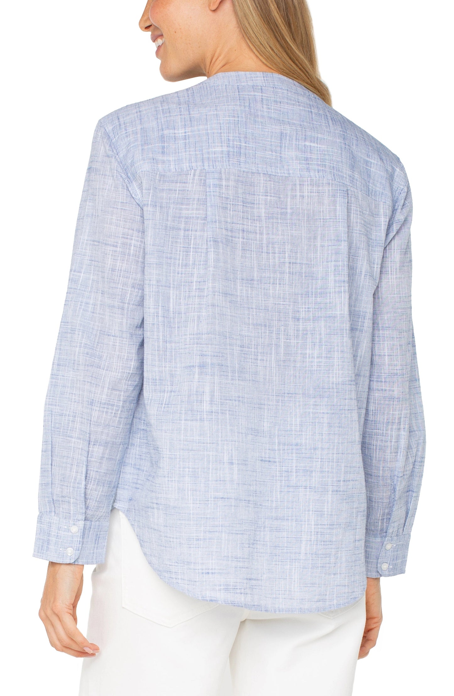 Button Front Woven Shirt With Banded Collar by Liverpool
