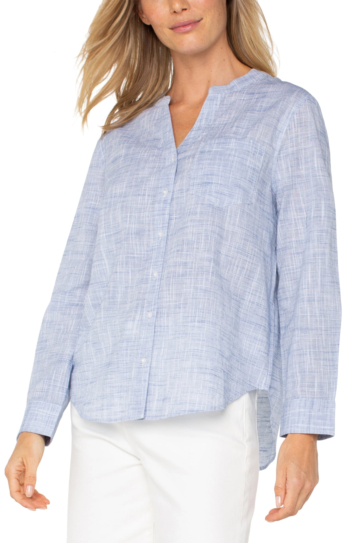 Button Front Woven Shirt With Banded Collar by Liverpool