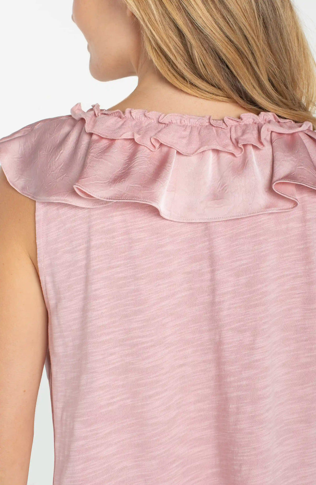 Ruffle Front Sleeveless Woven-to-knit Top