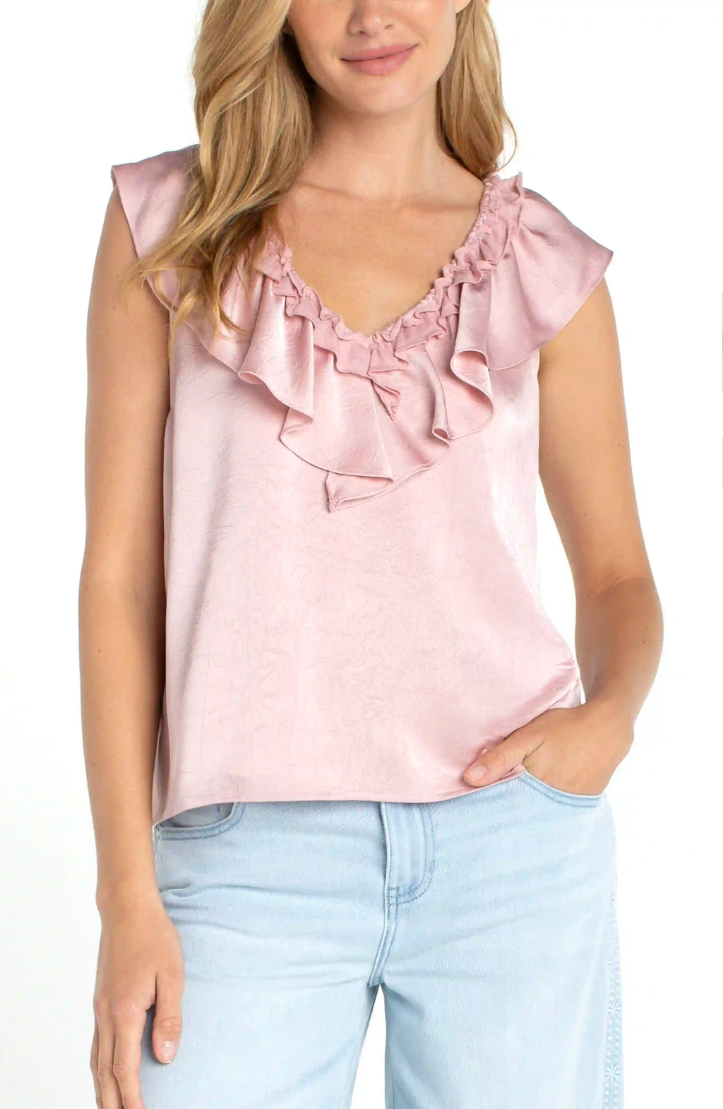 Ruffle Front Sleeveless Woven-to-knit Top
