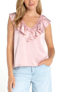Ruffle Front Sleeveless Woven-to-knit Top