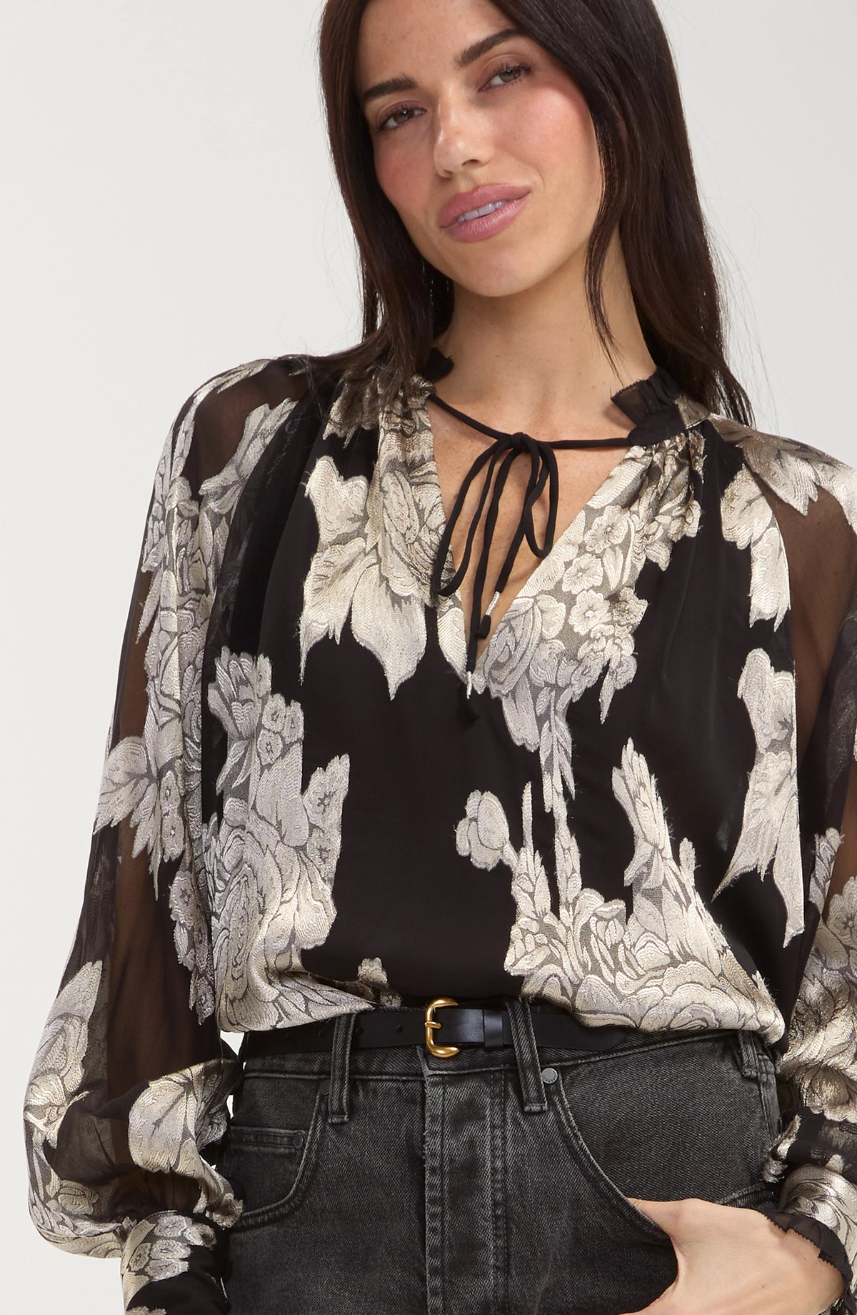 Long Sleeve Woven Top W/ Ties by Liverpool
