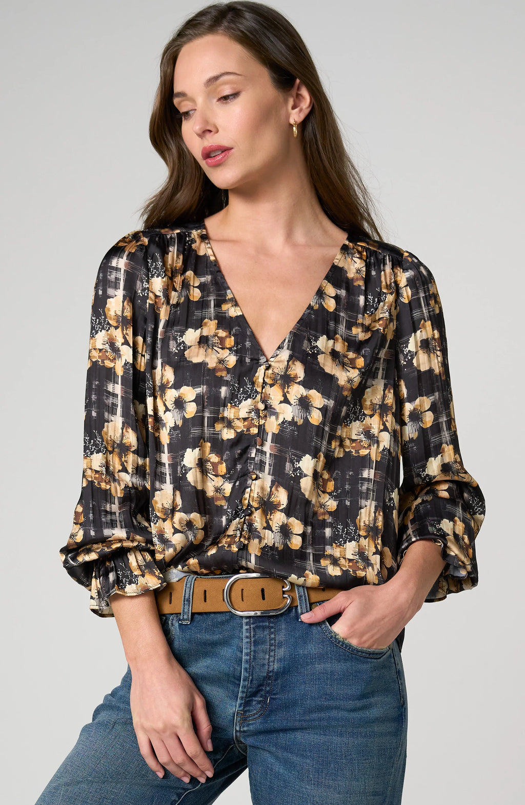 Long Sleeve Button Front Woven Top by Liverpool