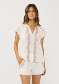 Flutter Sleeve Embroidered Split Neck Top