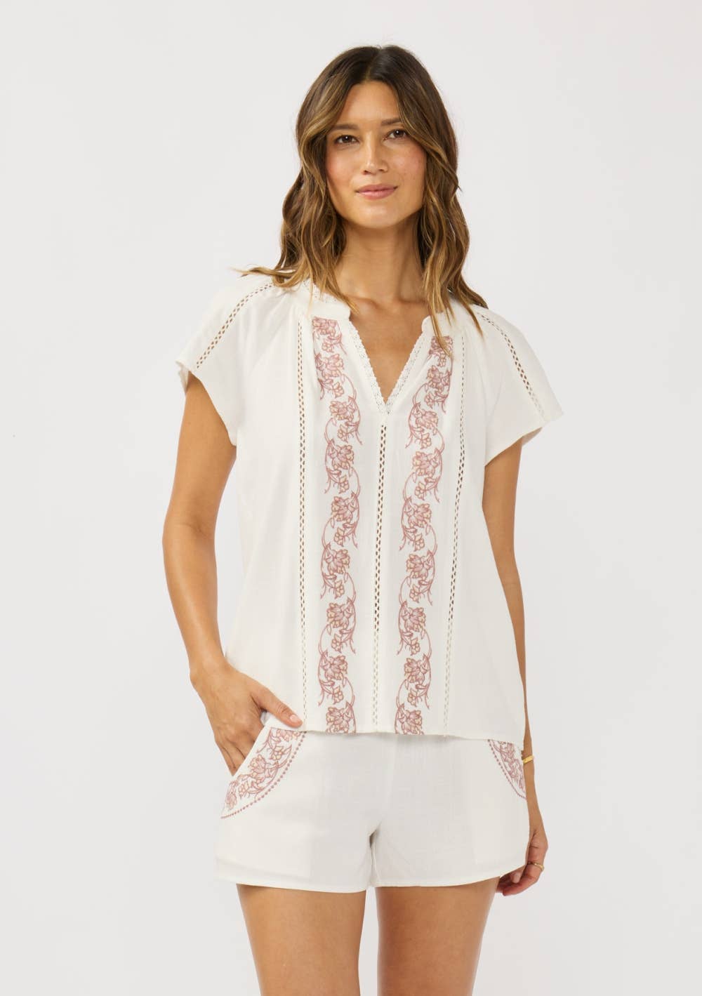 Flutter Sleeve Embroidered Split Neck Top