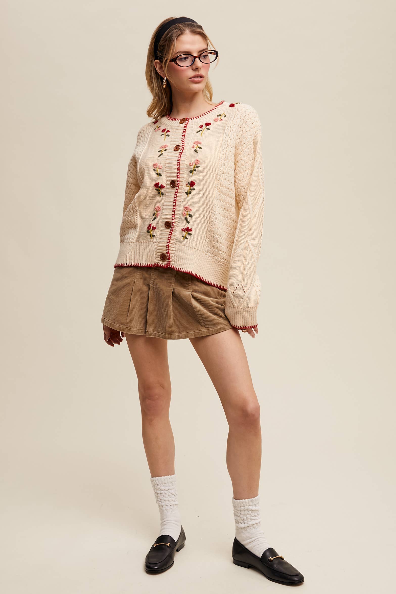 5678 Floral Embroidered Button-Up Cardigan