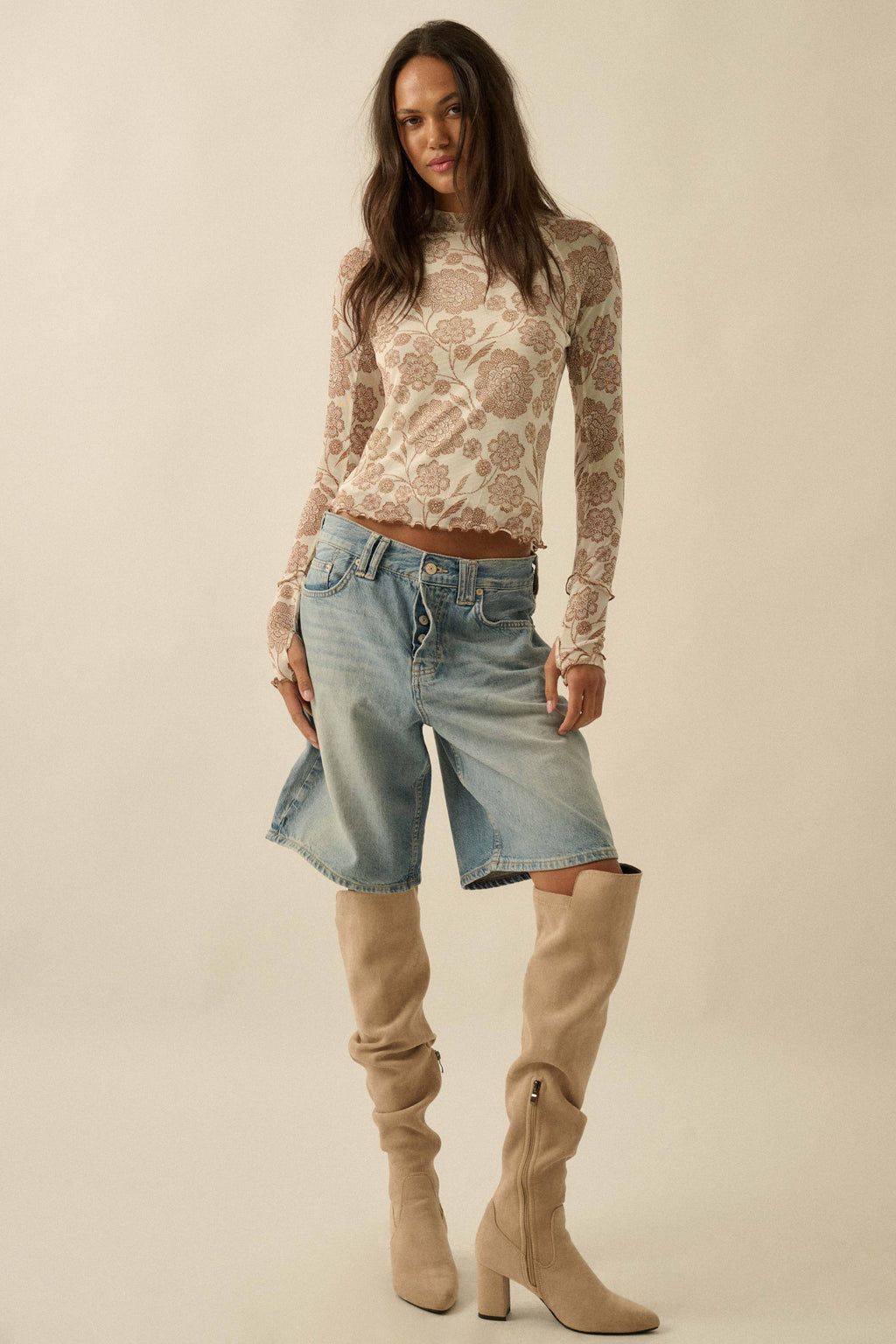 Floral-Print Mesh Mock-Neck Raglan Top