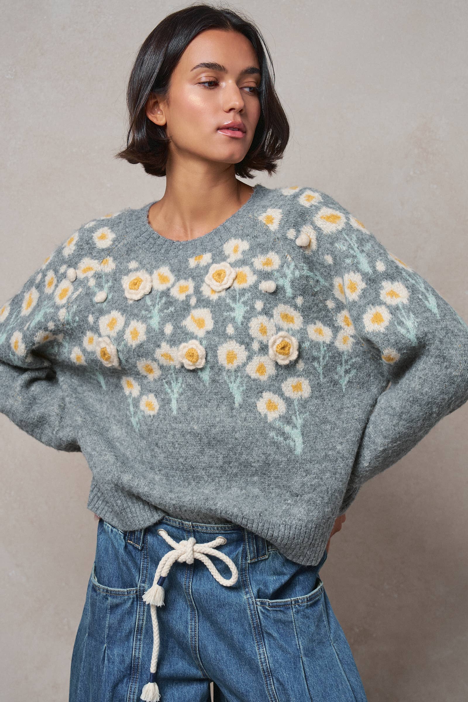 Daisy Embossed 3D Floral Knit Sweater