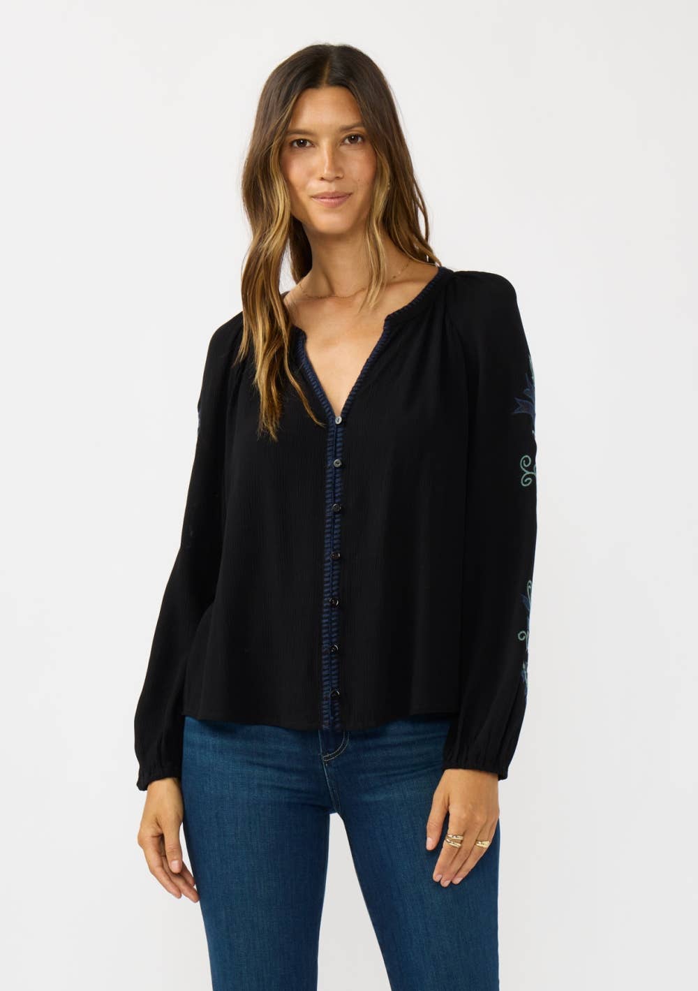 Embroidered Sleeve Button Down Blouse
