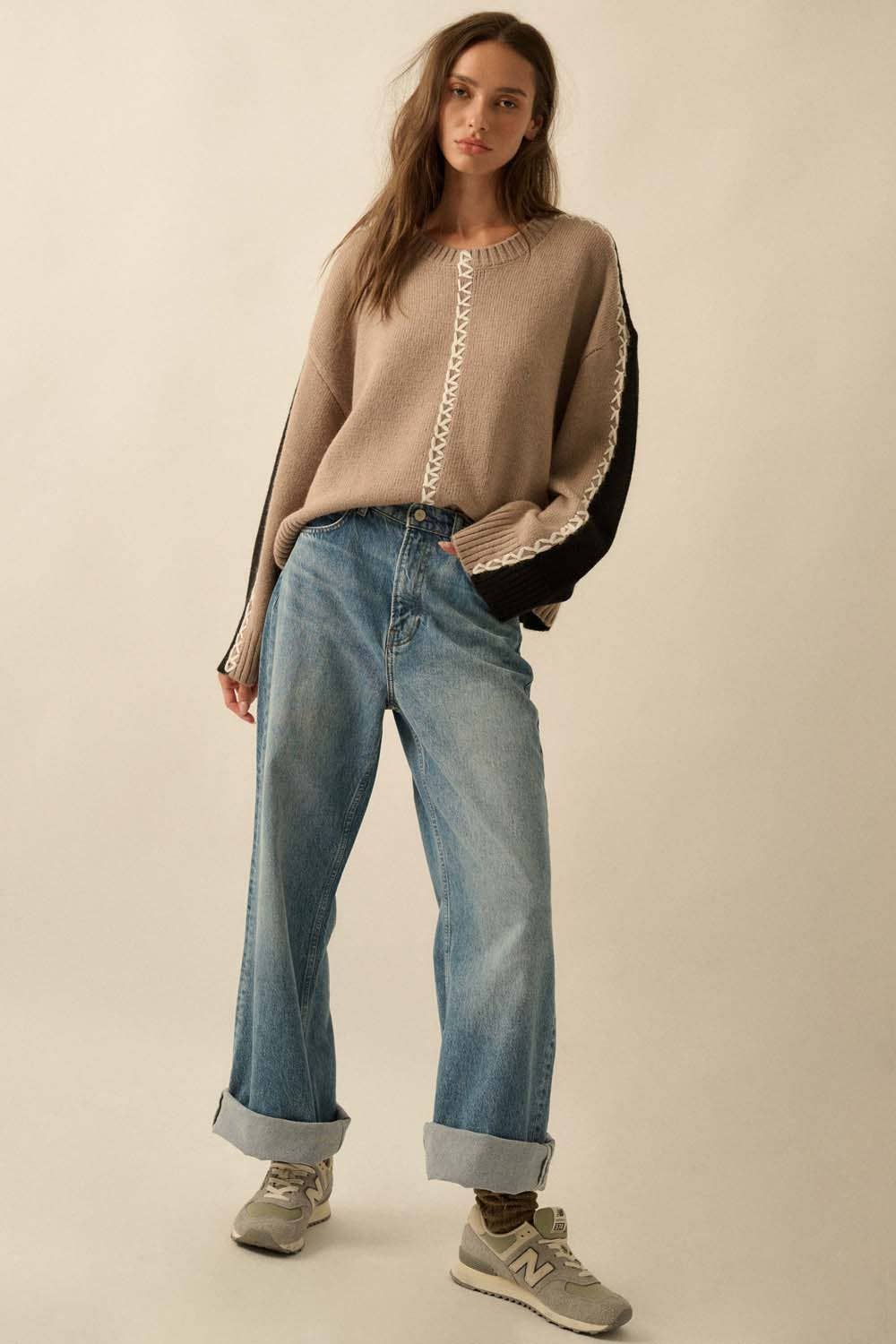 Colorblock Knit Stitched Loose-Fit Sweater