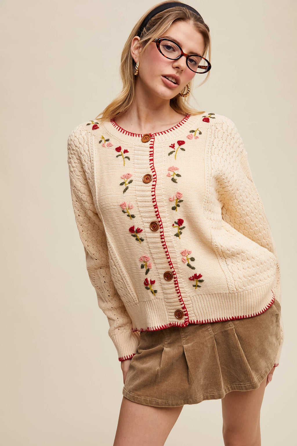 5678 Floral Embroidered Button-Up Cardigan
