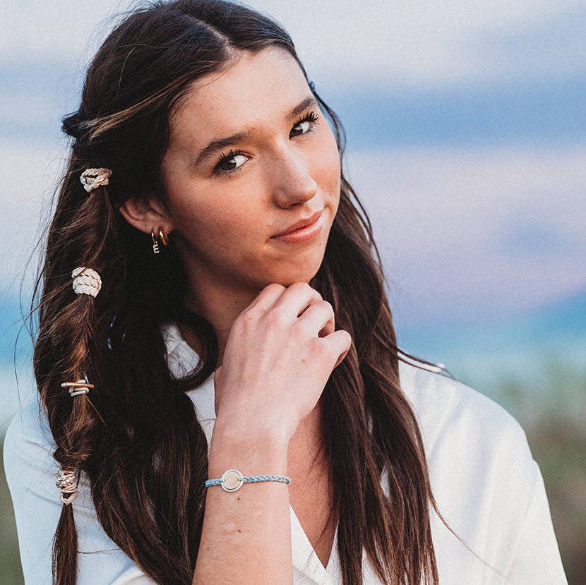 "Wonder" Soft Creams & Blues with Pearls & Gold Hair Tie Bracelets