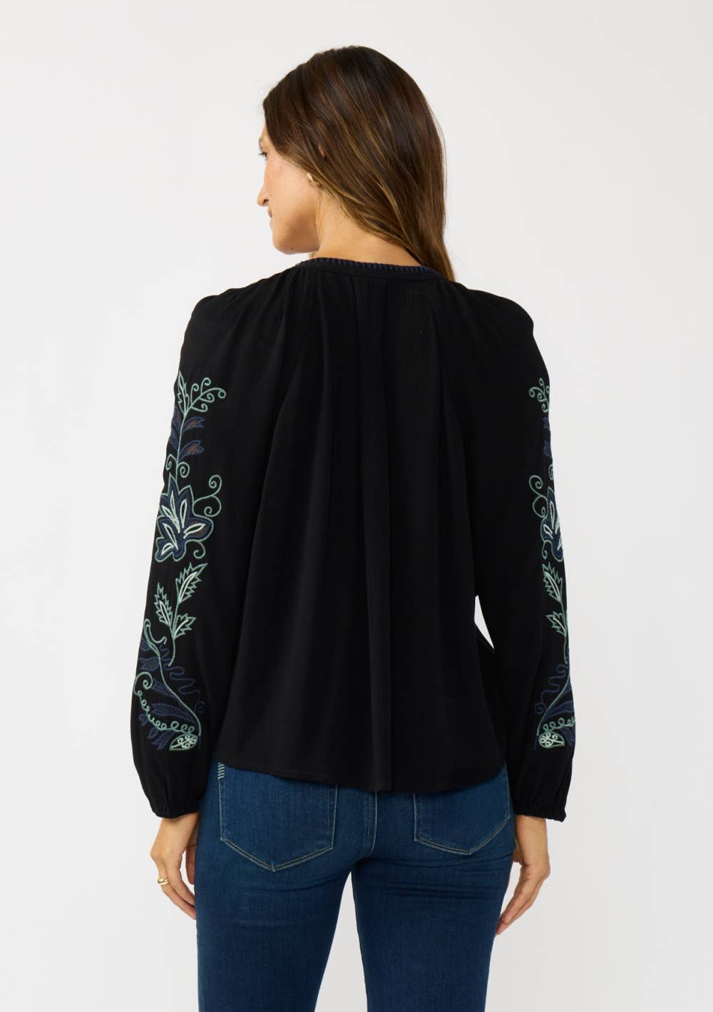 Embroidered Sleeve Button Down Blouse
