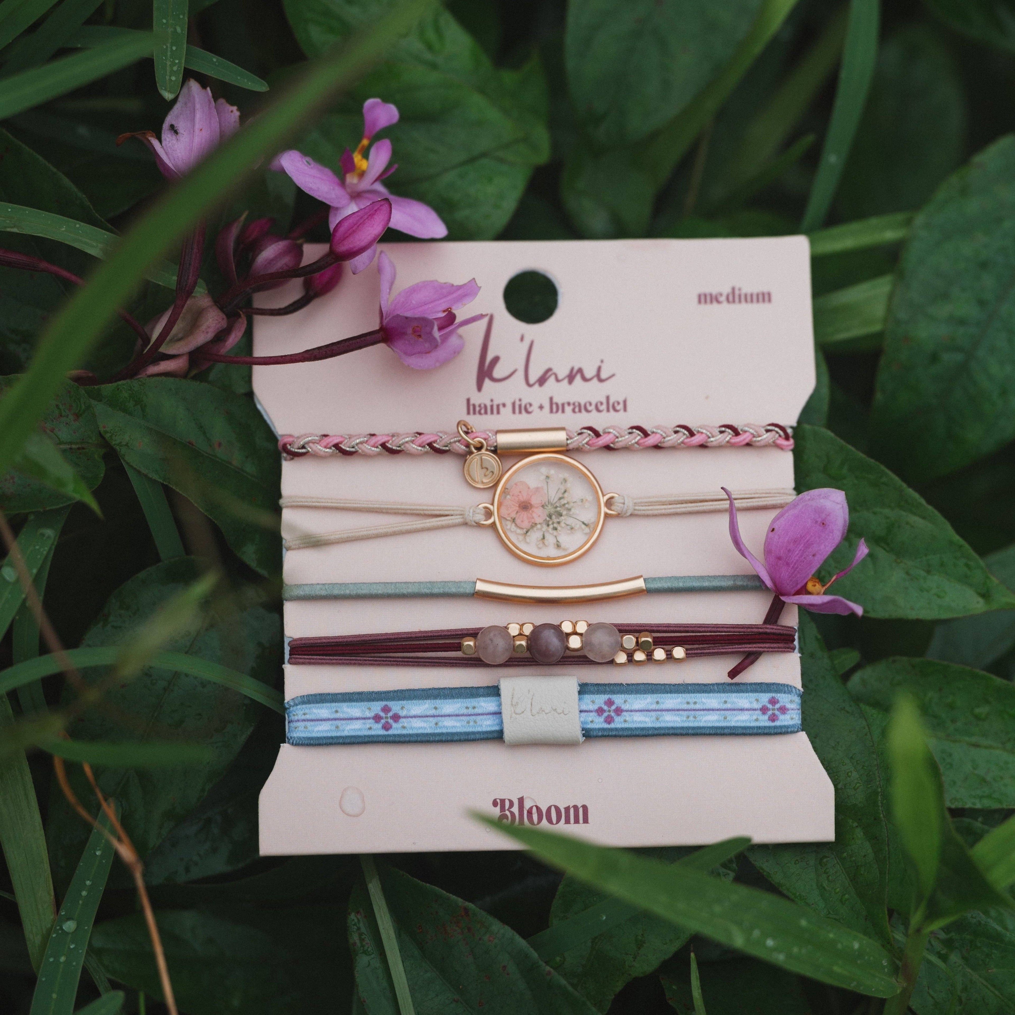 "Bloom" Maroon & Pink with Pressed Flowers Hair Tie Bracelets