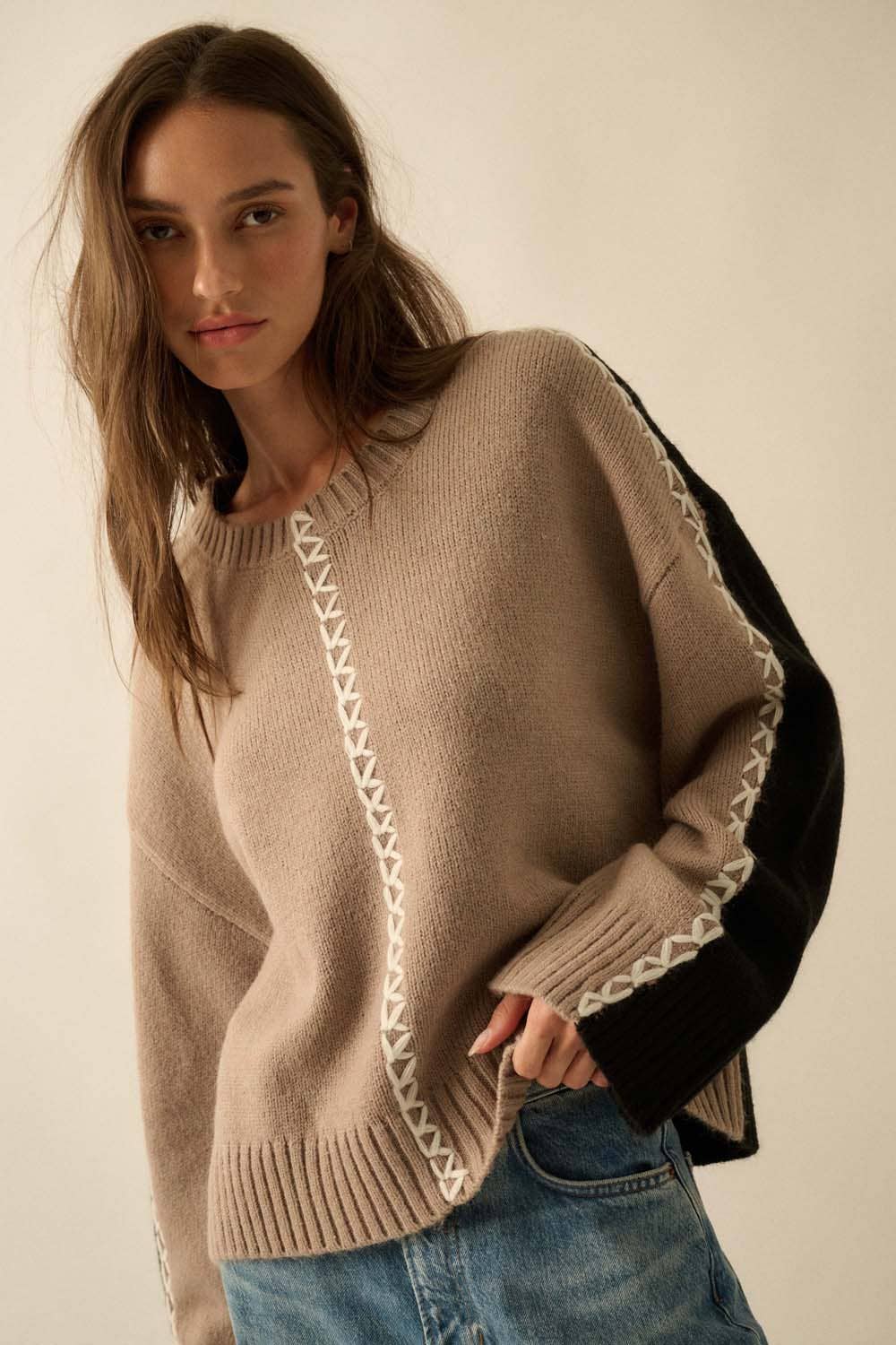 Colorblock Knit Stitched Loose-Fit Sweater