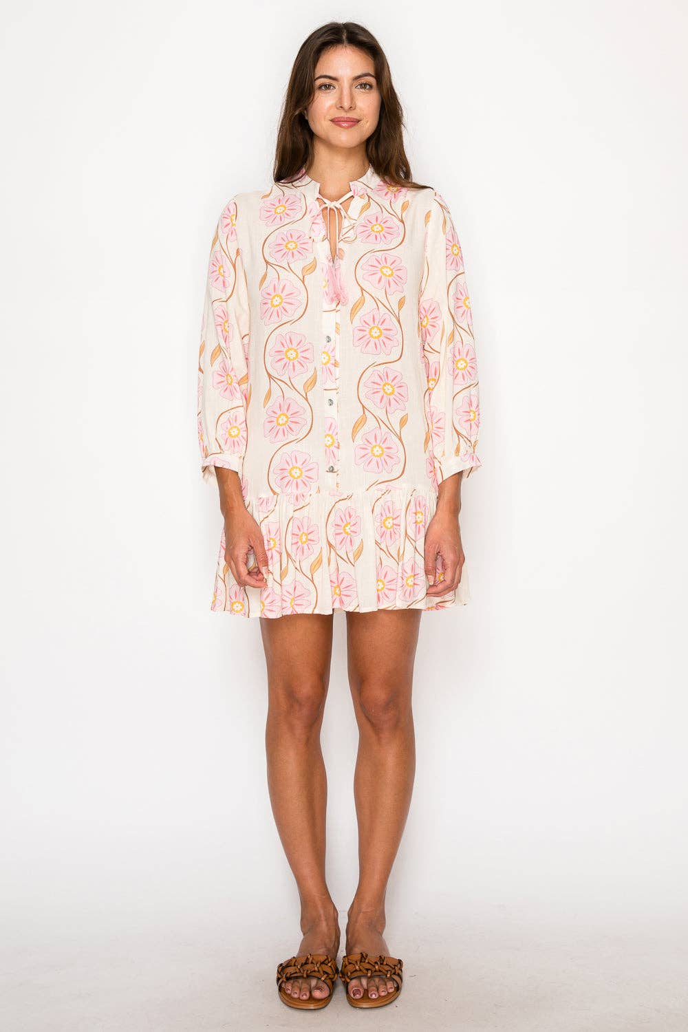 Floral Swirl Printed L/S Short Dress