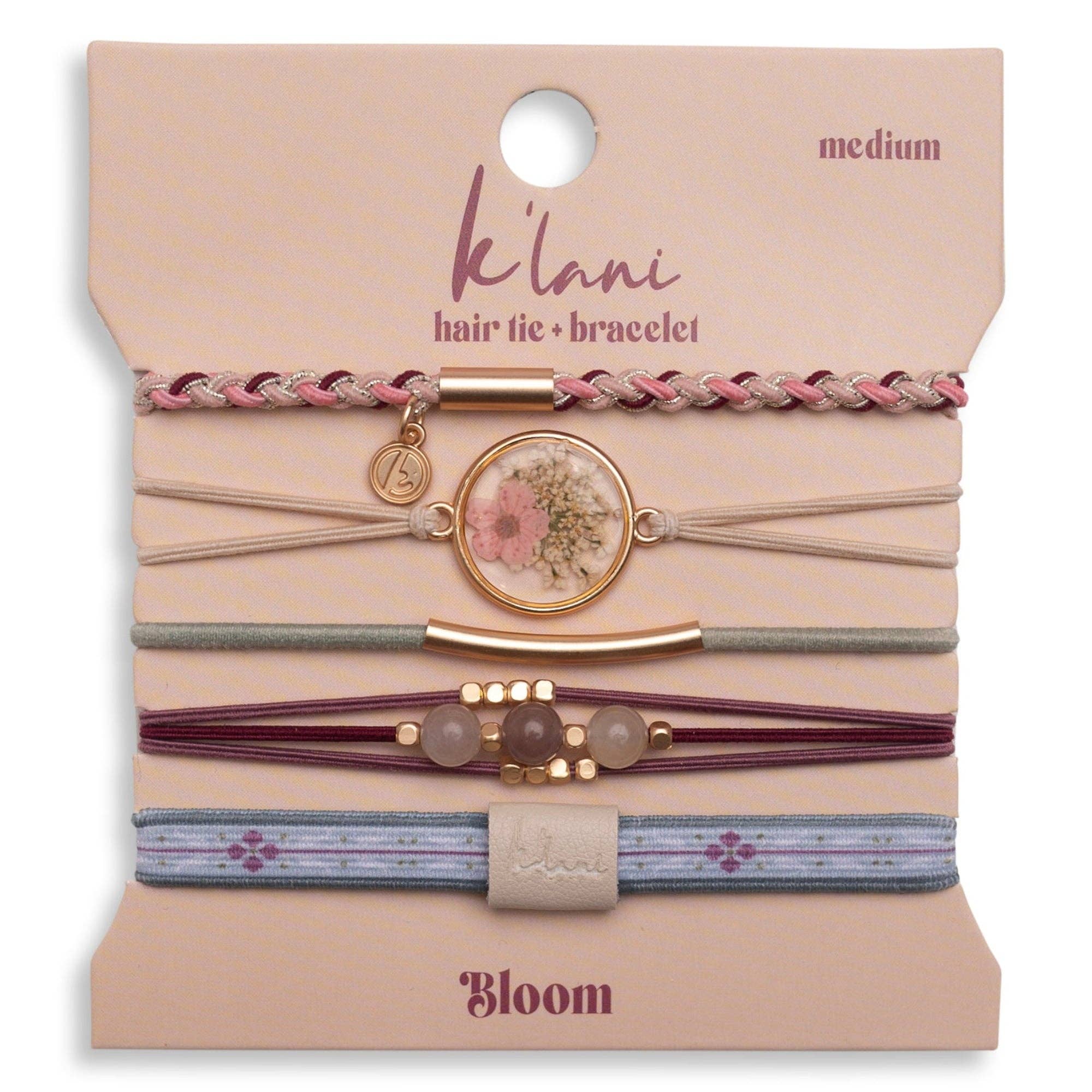 "Bloom" Maroon & Pink with Pressed Flowers Hair Tie Bracelets