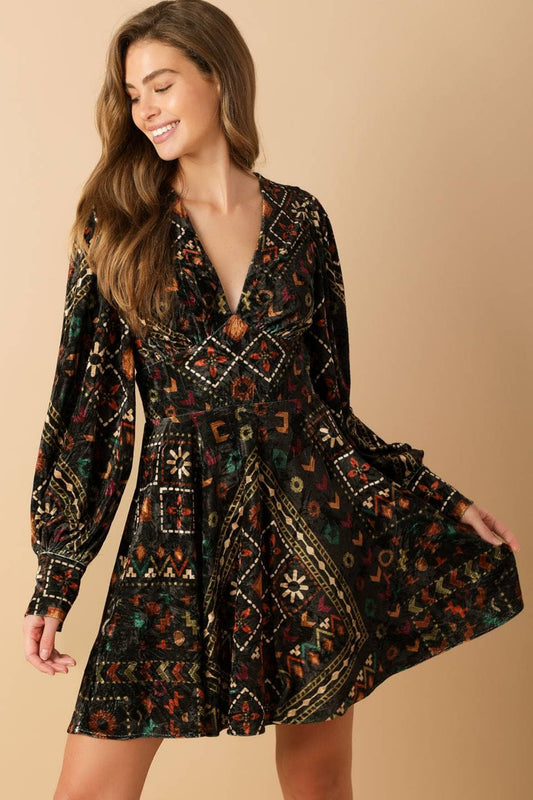 A printed woven velvet mini dress - ID21616