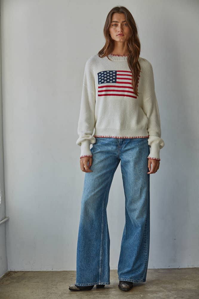 W2411 | Knit Sweater Crew American Flag Pullover