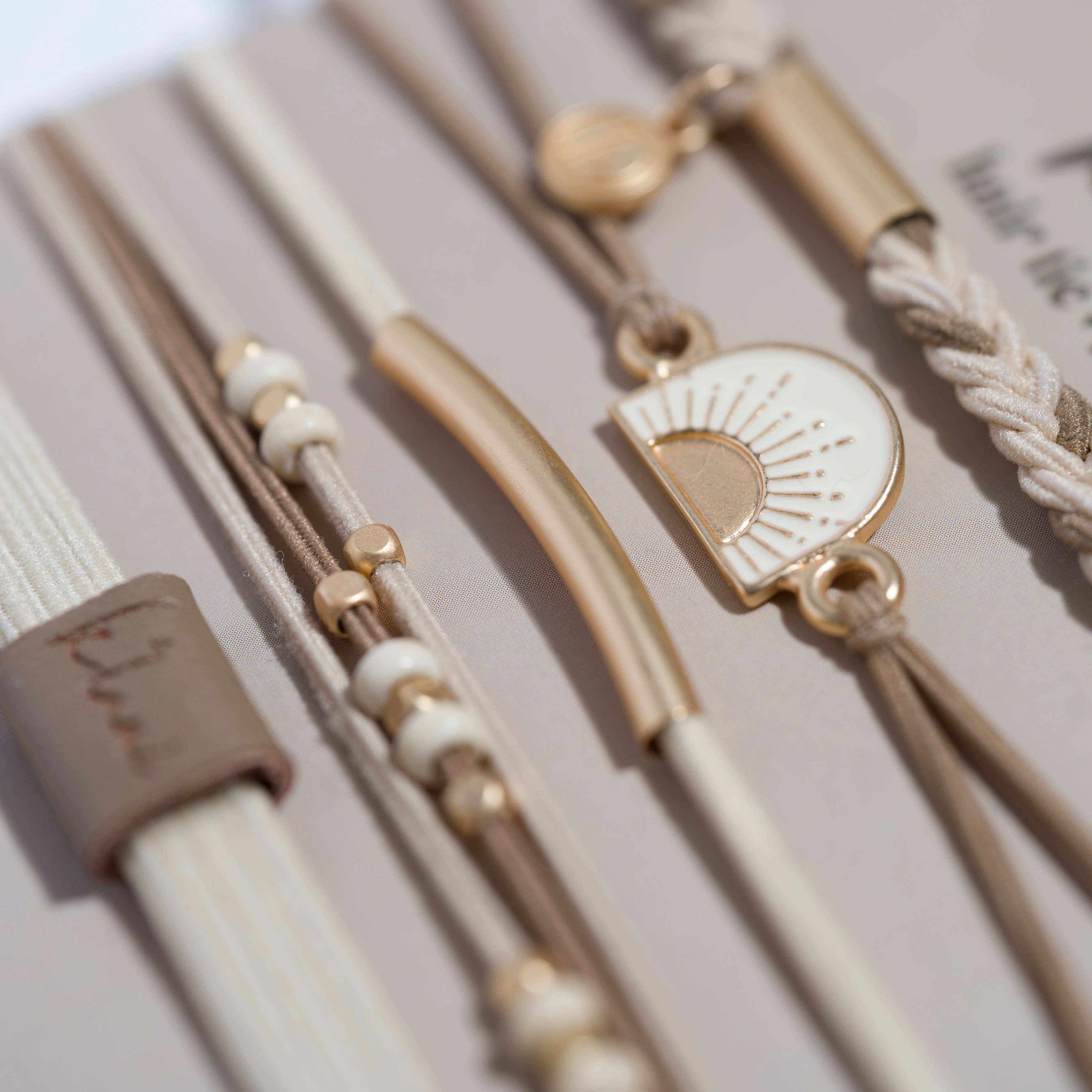 "Rise" Cream and Tan With Gold & Sun Accents Hair Tie Bracelets