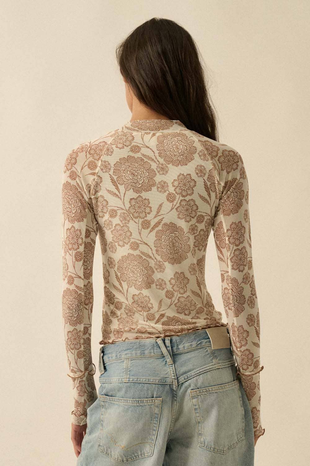 Floral-Print Mesh Mock-Neck Raglan Top