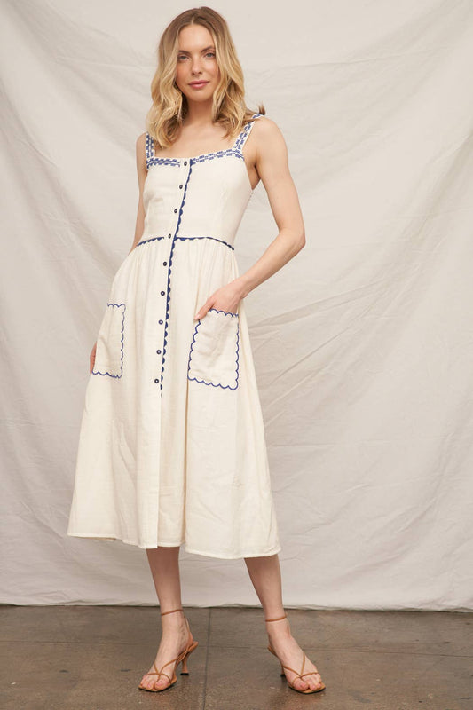 Button Down Embroidery Midi Dress