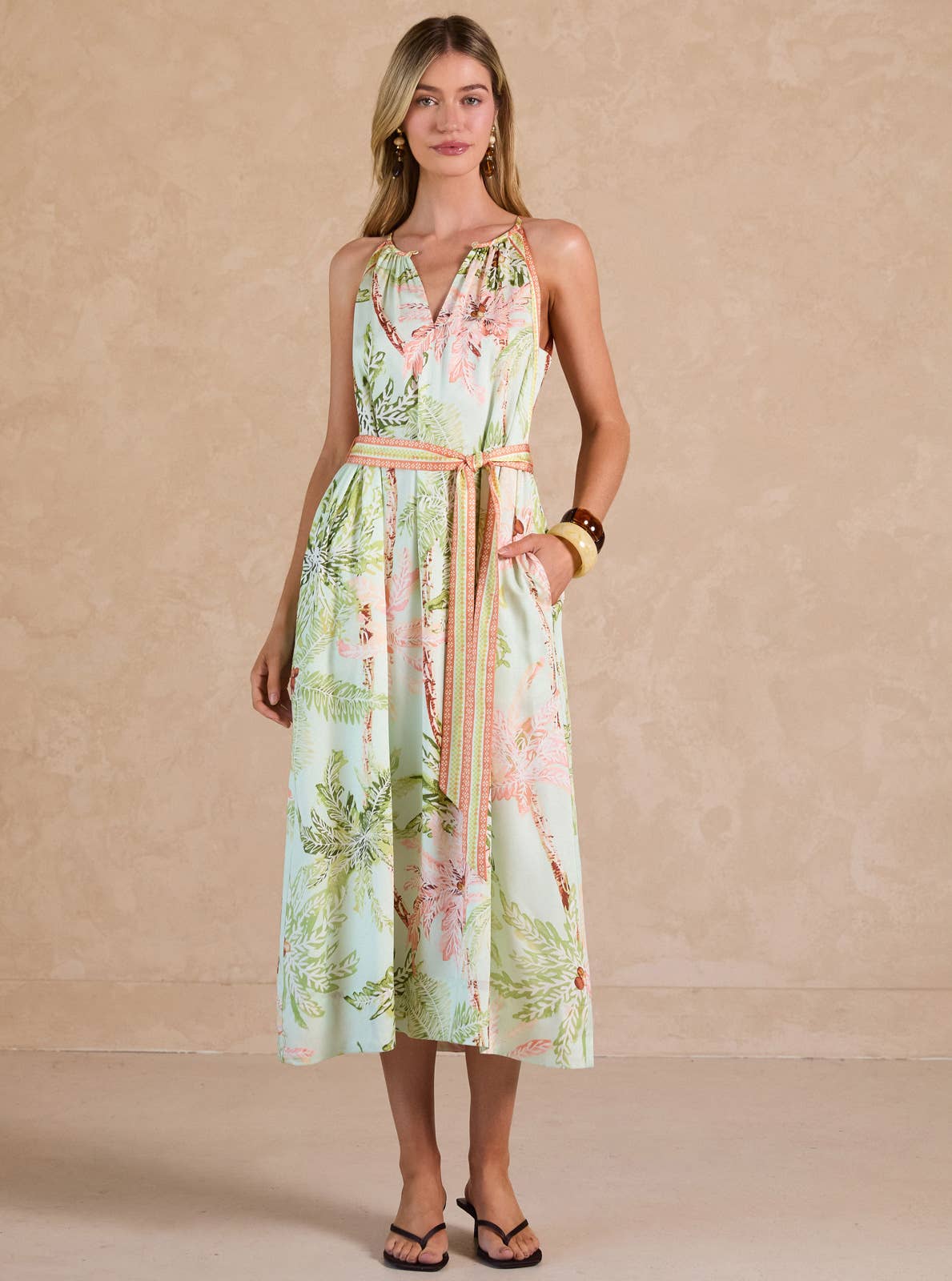 Tropical Printed Halter Midi Dress