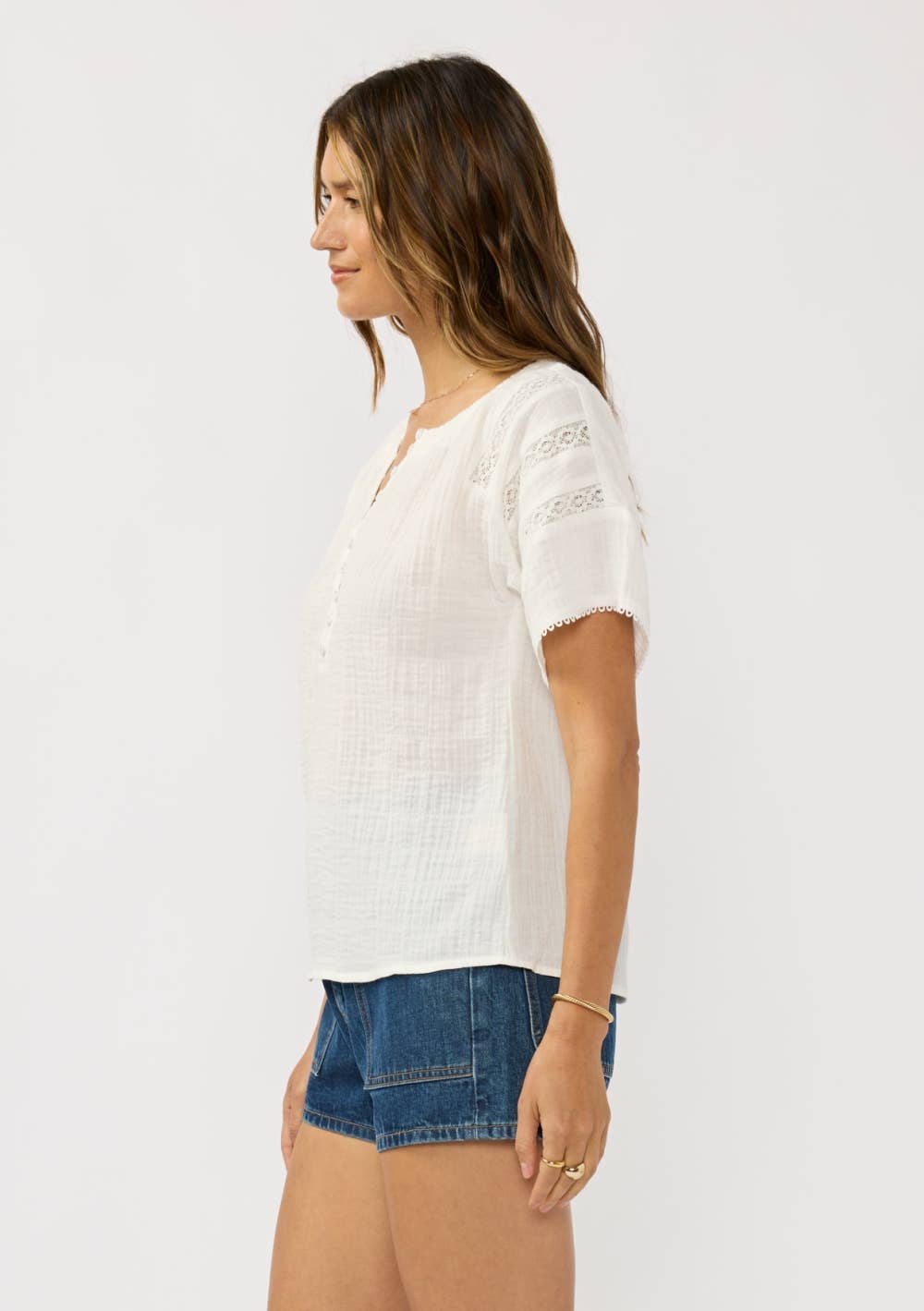 Half Button Front Gauze Top with Lace Trims