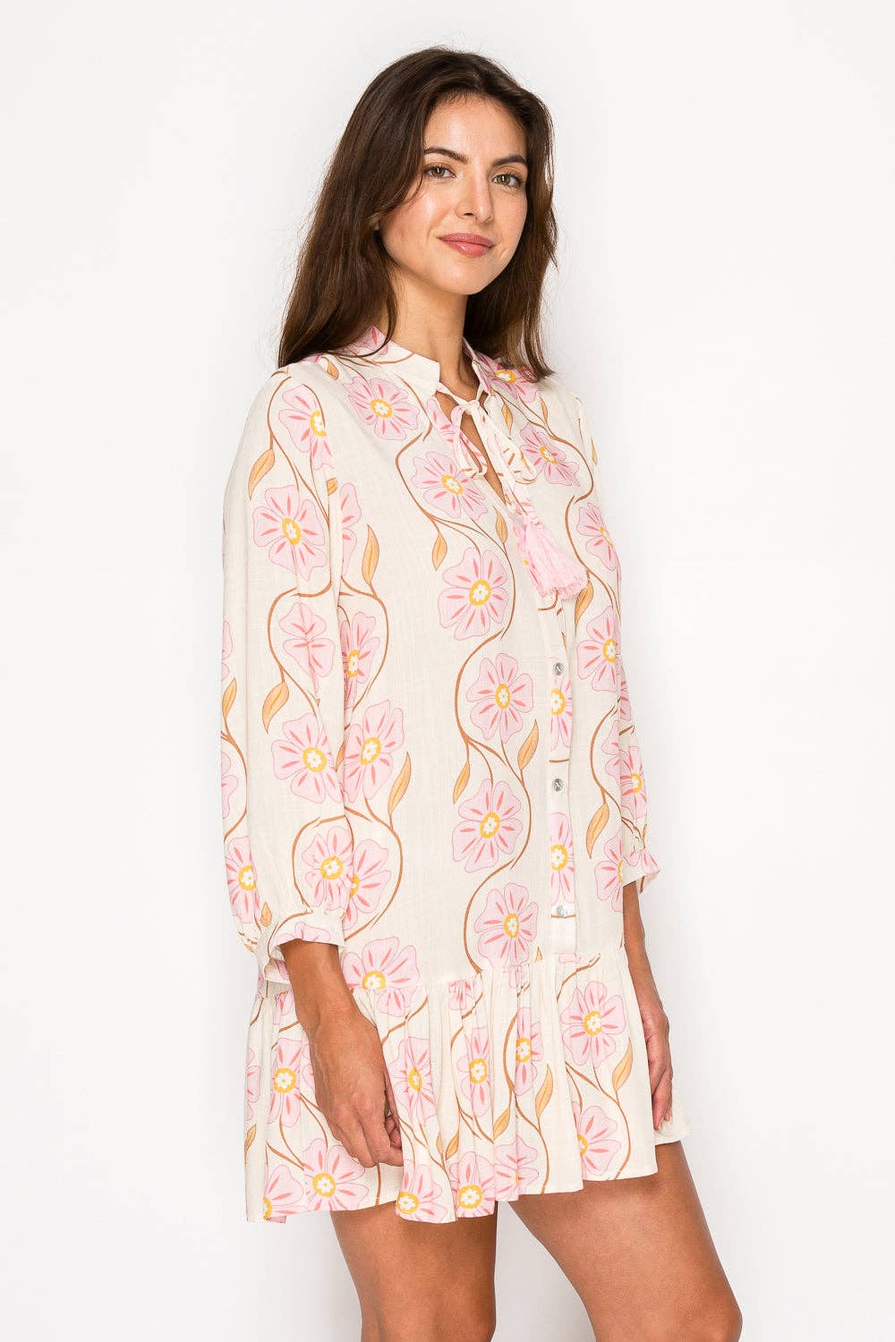 Floral Swirl Printed L/S Short Dress
