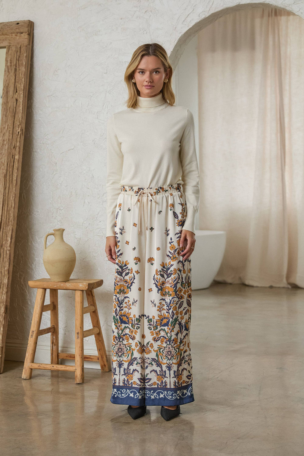 Floral Border Print Satin Pants