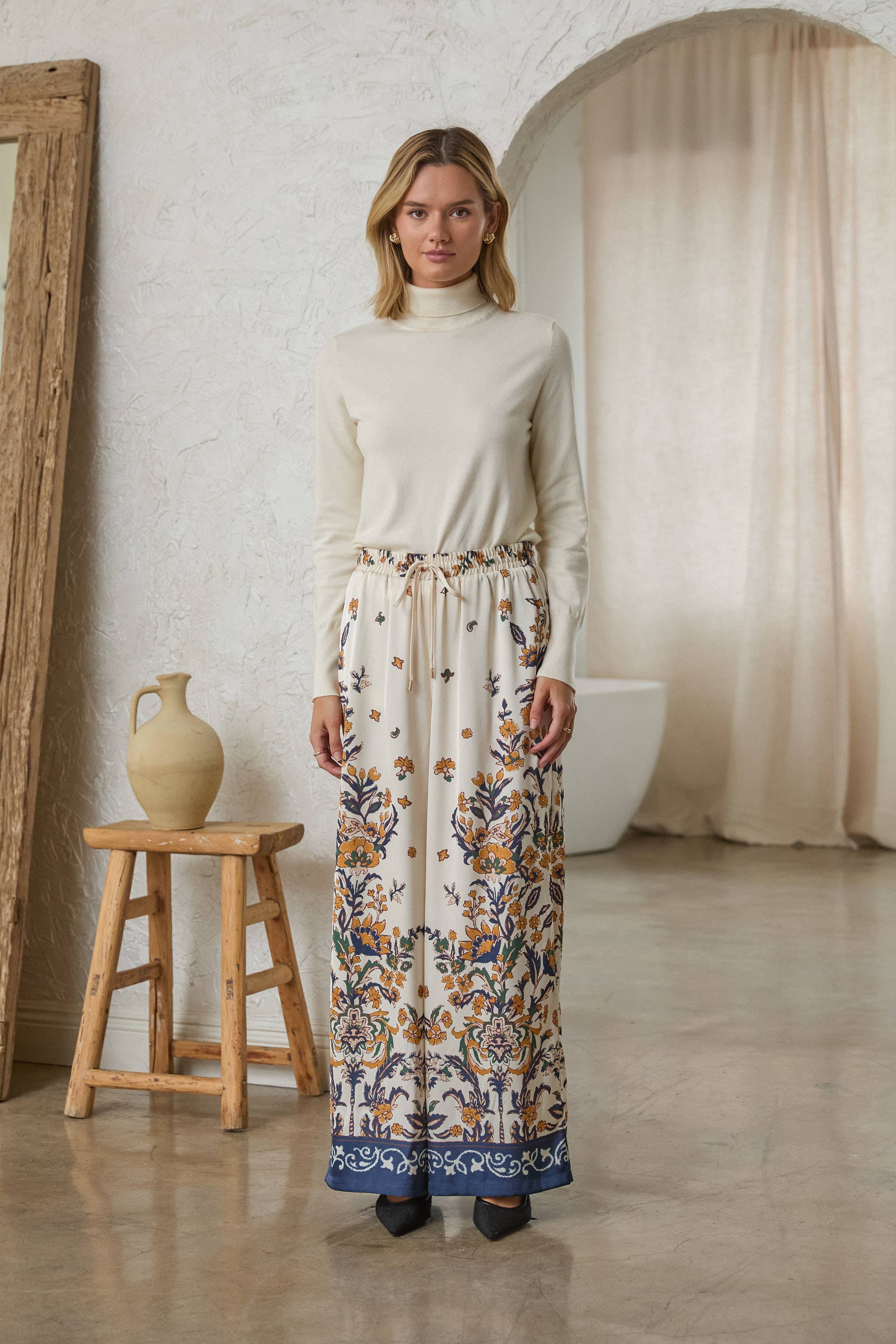Floral Border Print Satin Pants