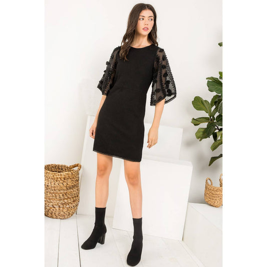 Black Bell Sleeve Rib Knit Mini Dress with Sheer Detail