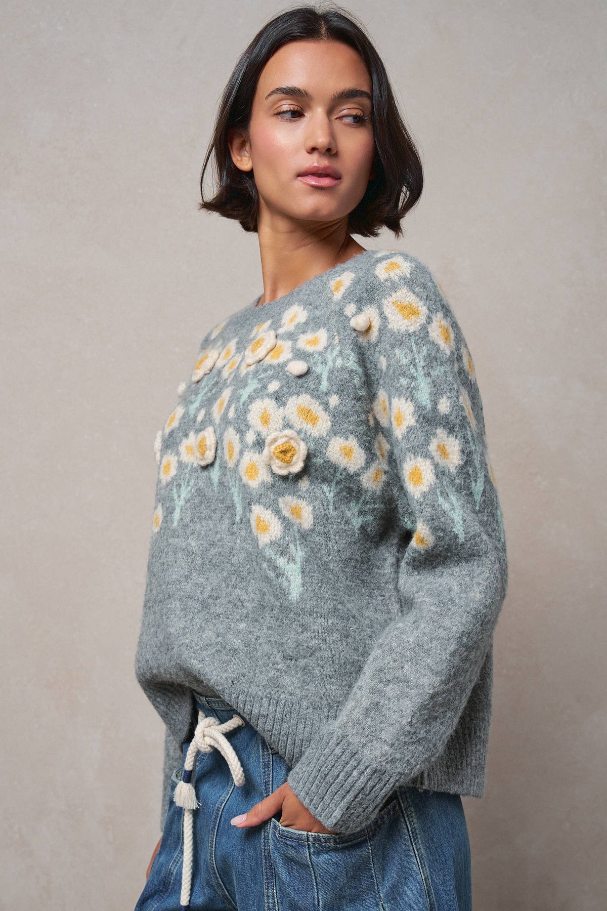 Daisy Embossed 3D Floral Knit Sweater