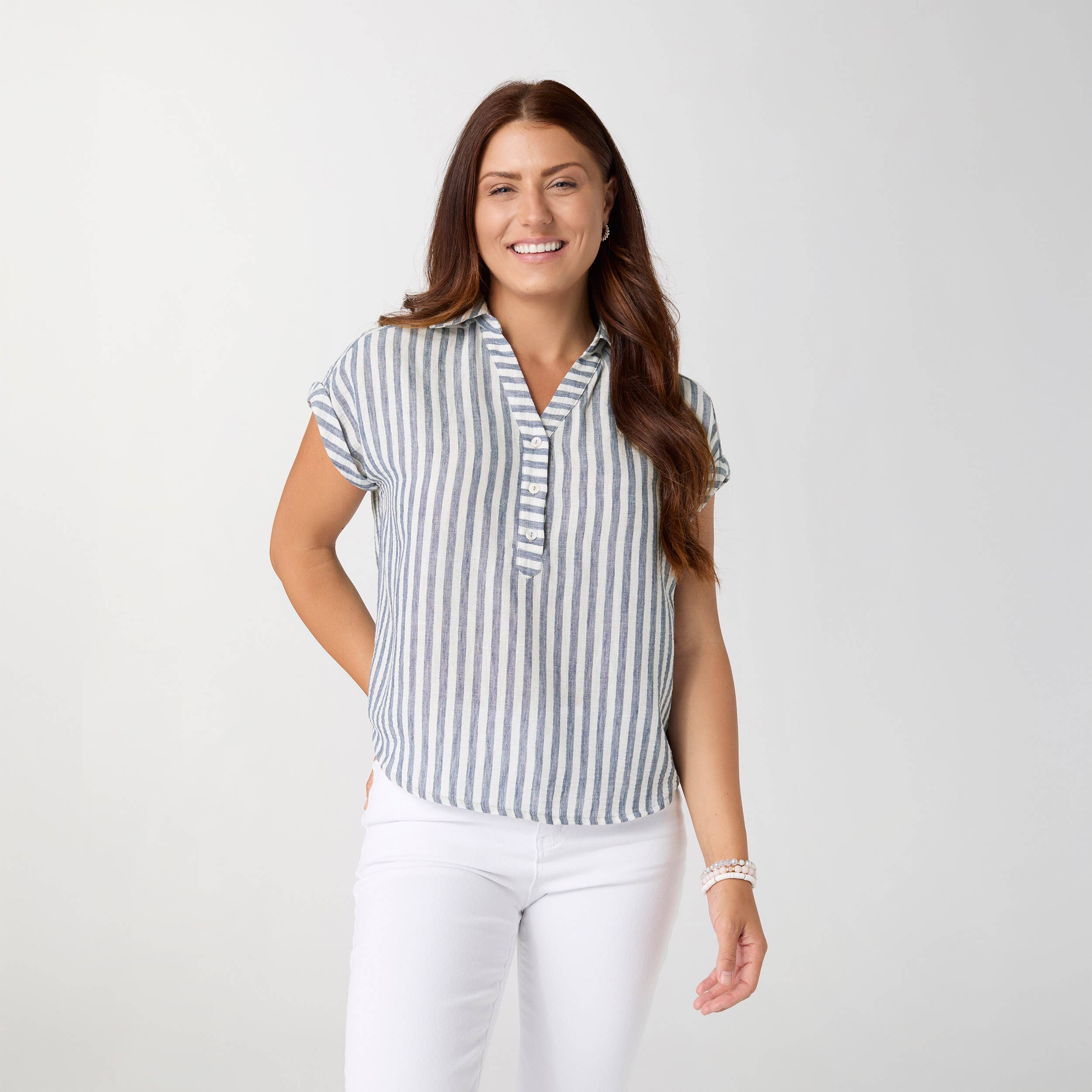 Reagan Cap Sleeve Striped Collared Top