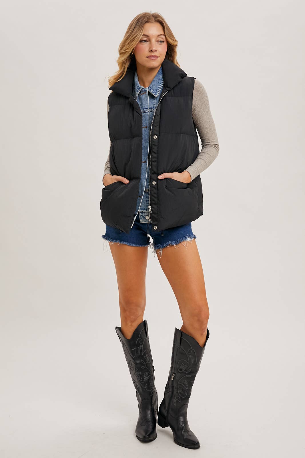 DENIM LAYERED PUFFER VEST