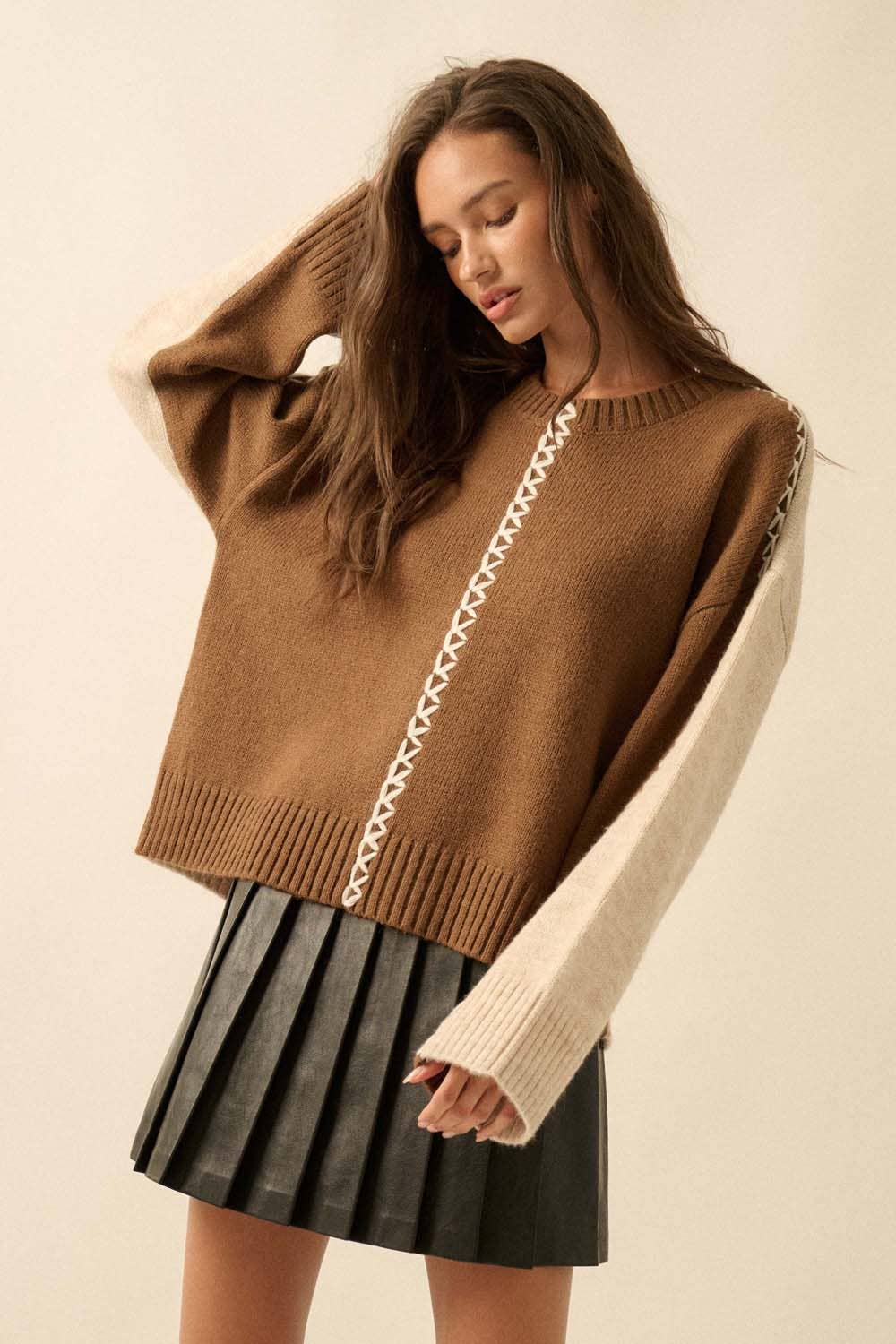 Colorblock Knit Stitched Loose-Fit Sweater