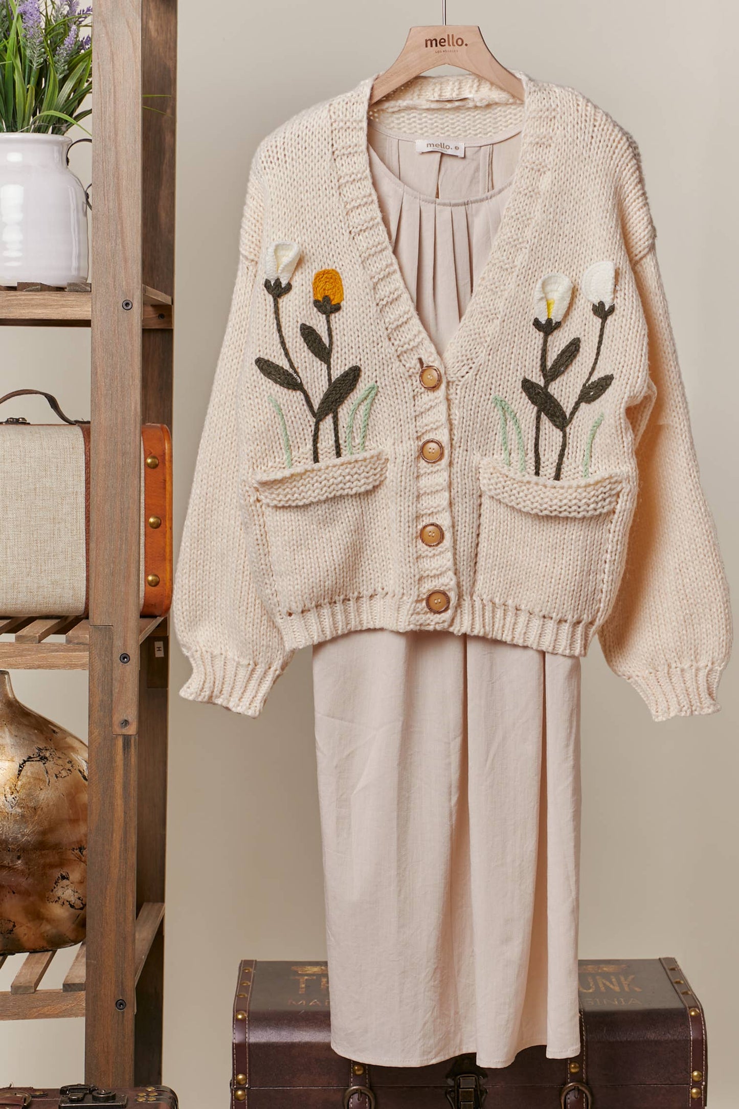 Flower Embroidered Knit Cardigan