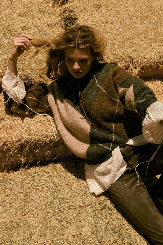 Argyle Plaid Knit Split-Neck Collared Sweater
