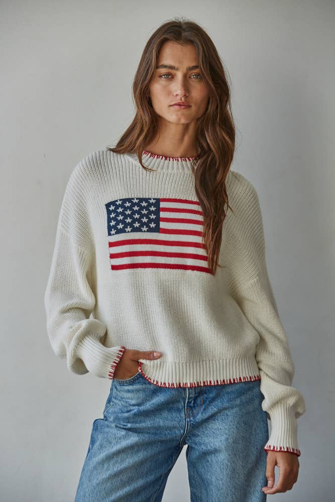 W2411 | Knit Sweater Crew American Flag Pullover
