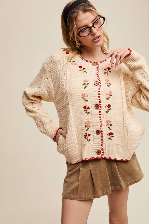 5678 Floral Embroidered Button-Up Cardigan