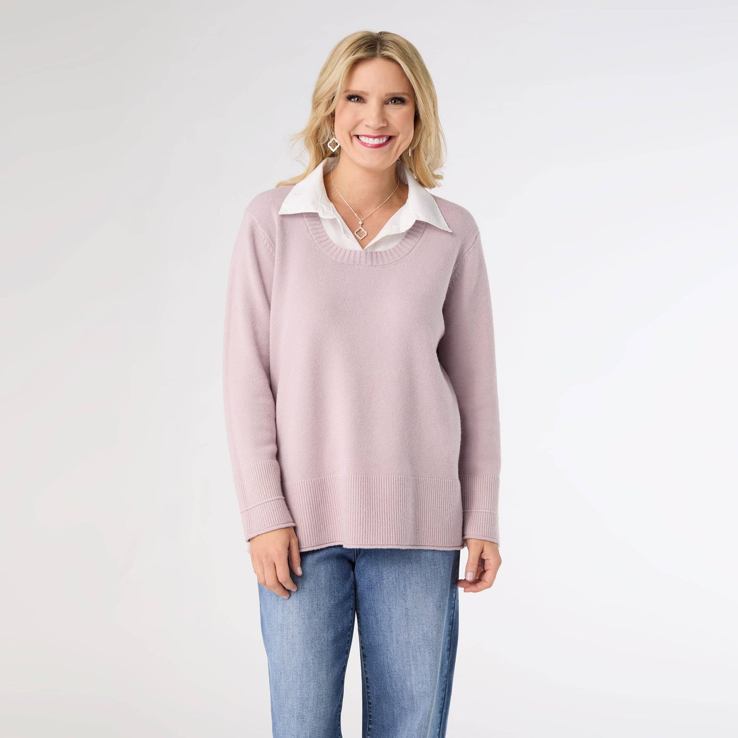 Heavenly-Luxe Crew Neck Sweater with Woven Collar