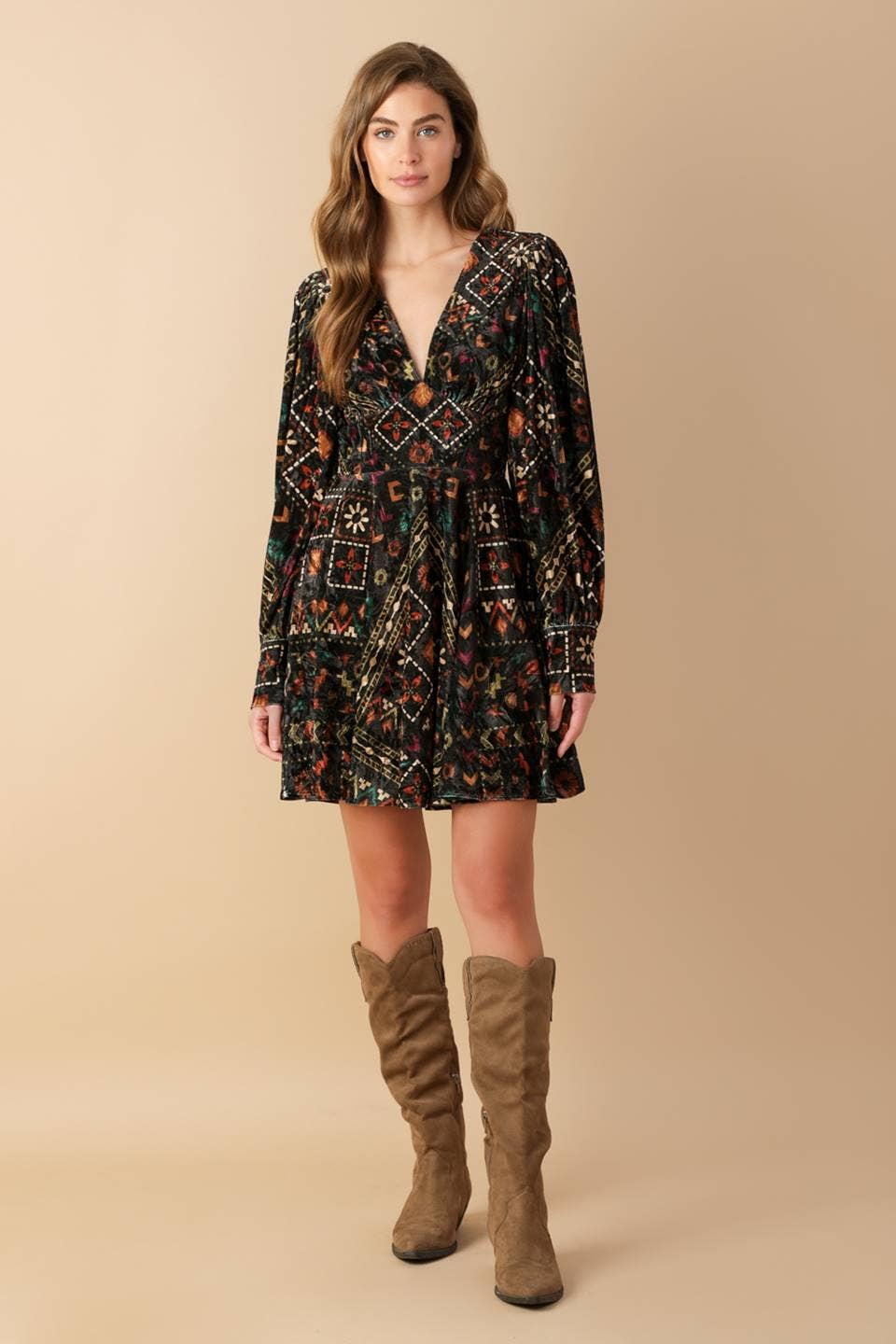 A printed woven velvet mini dress - ID21616