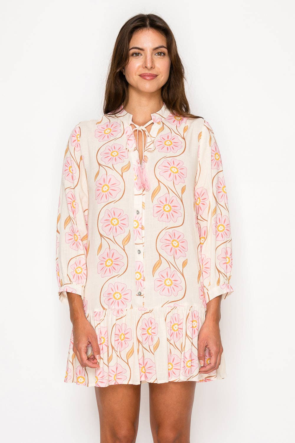 Floral Swirl Printed L/S Short Dress