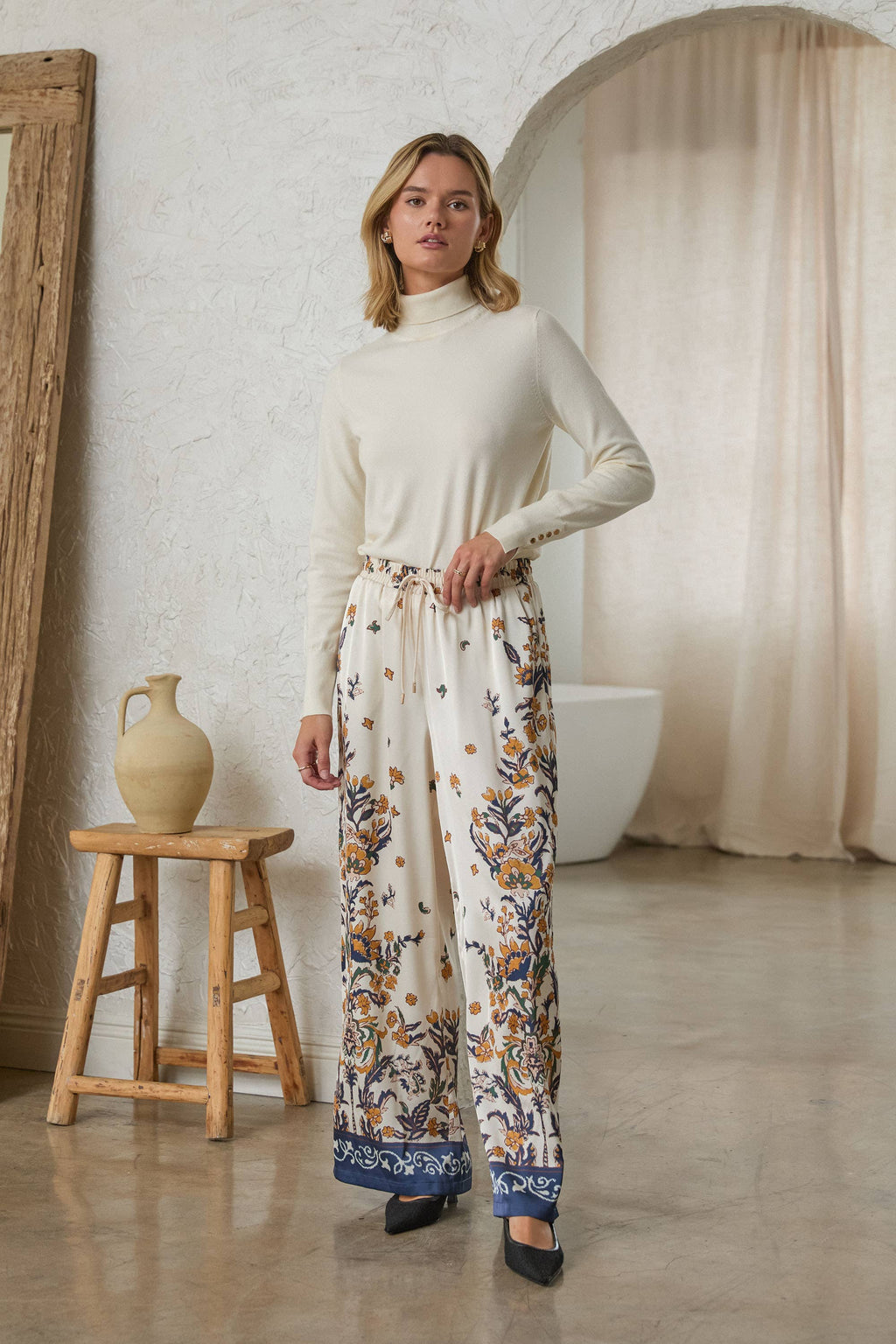 Floral Border Print Satin Pants