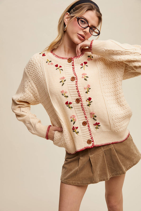 5678 Floral Embroidered Button-Up Cardigan