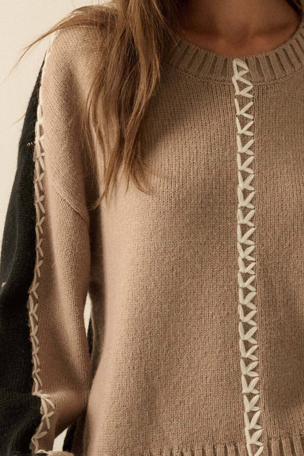 Colorblock Knit Stitched Loose-Fit Sweater