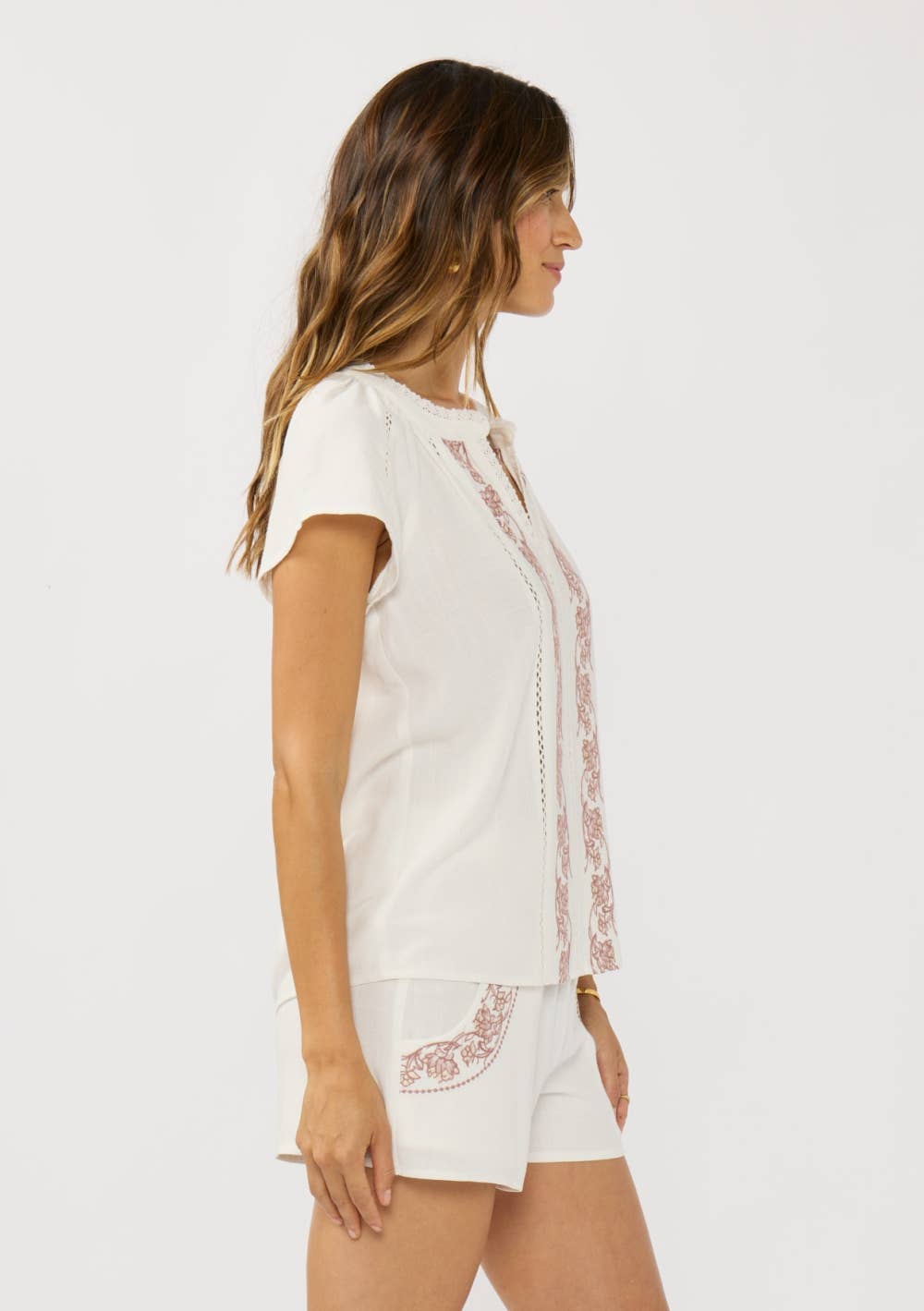 Flutter Sleeve Embroidered Split Neck Top